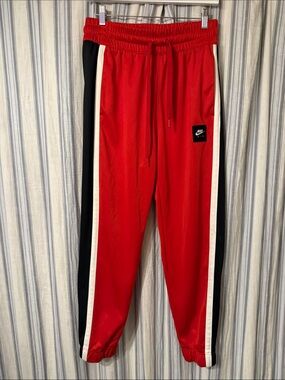 Nike Red Track Pants with Black Side Panels and White Stripe